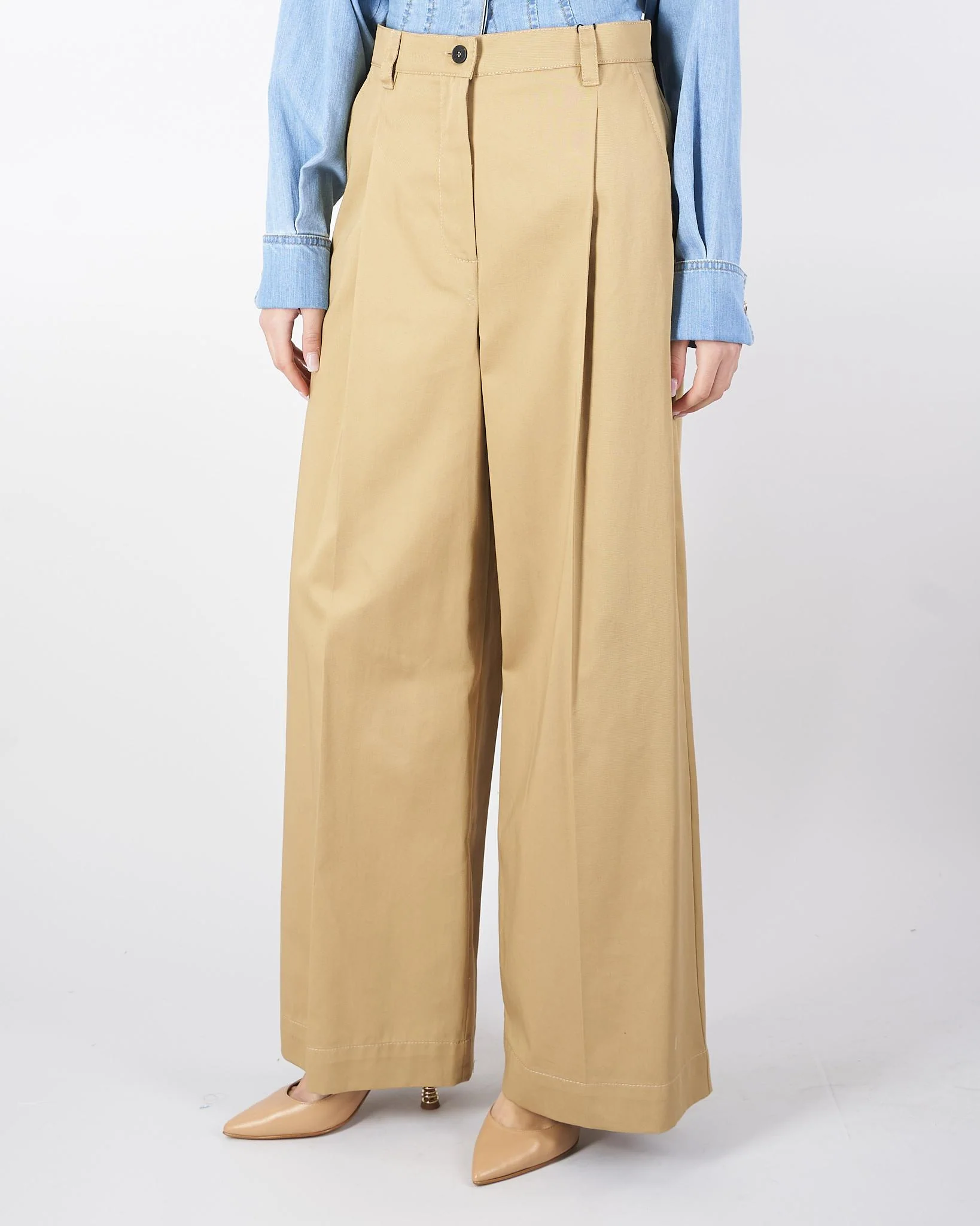 Pantalone Beige ampio in gabardina di cotone - immagine 4