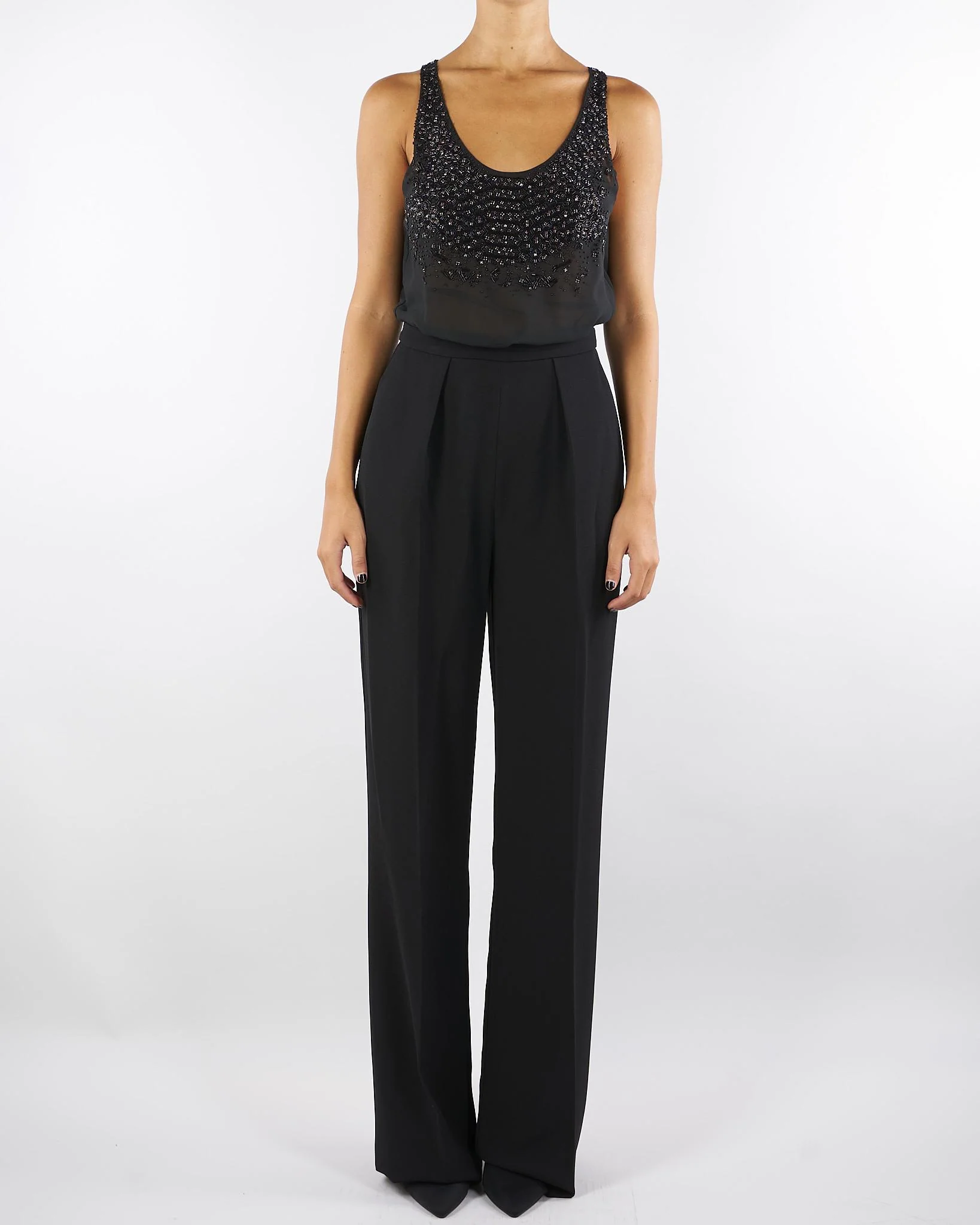 Tuta Nero in georgette e crêpe con cristalli - immagine 2