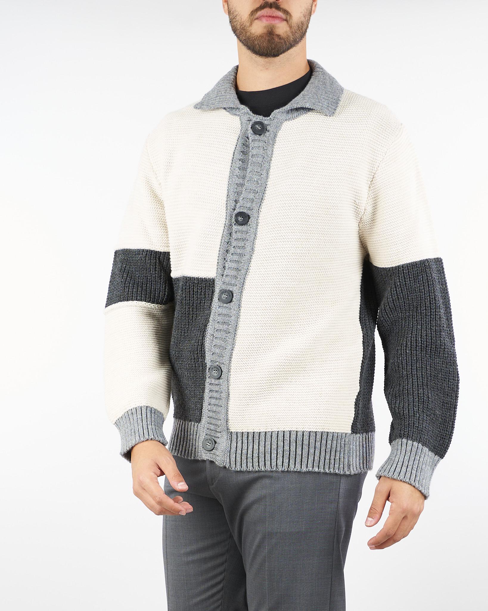 Cardigan Panna-Grigio in lana patchwork color block - immagine 4
