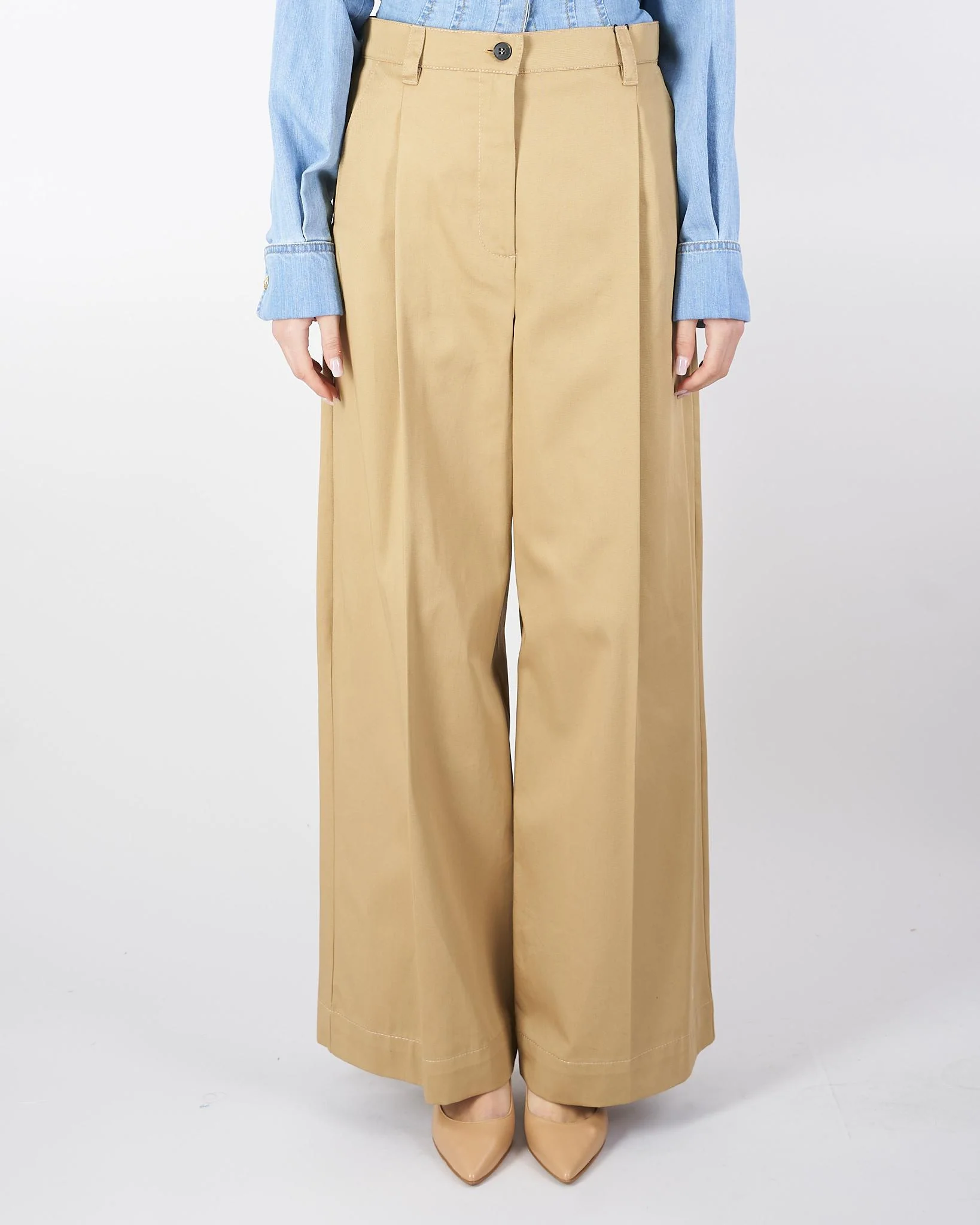 Pantalone Beige ampio in gabardina di cotone - immagine 2