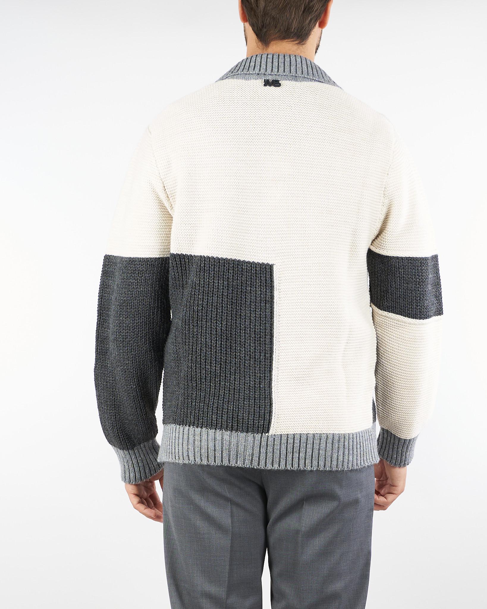 Cardigan Panna-Grigio in lana patchwork color block - immagine 3