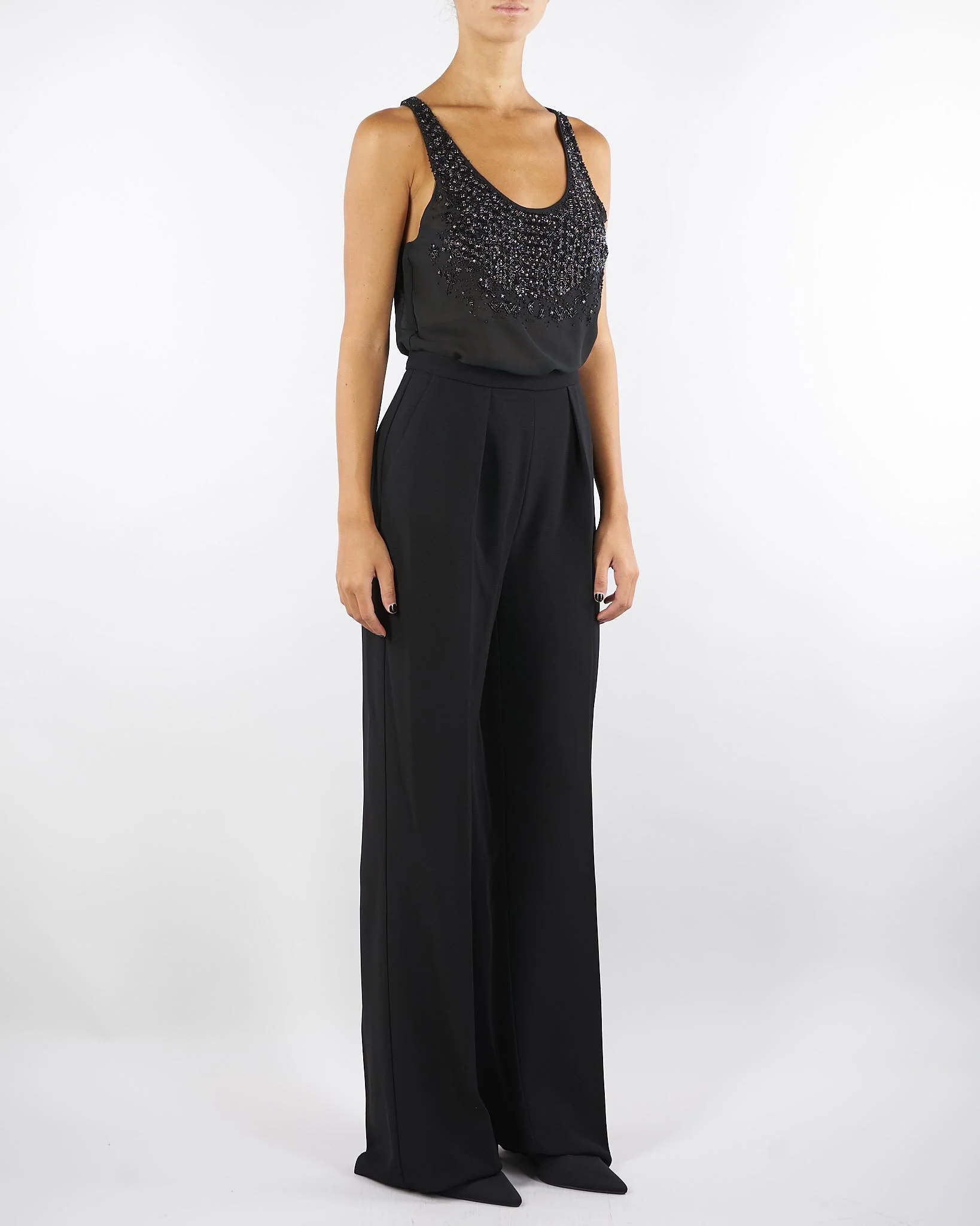 Tuta Nero in georgette e crêpe con cristalli - immagine 4