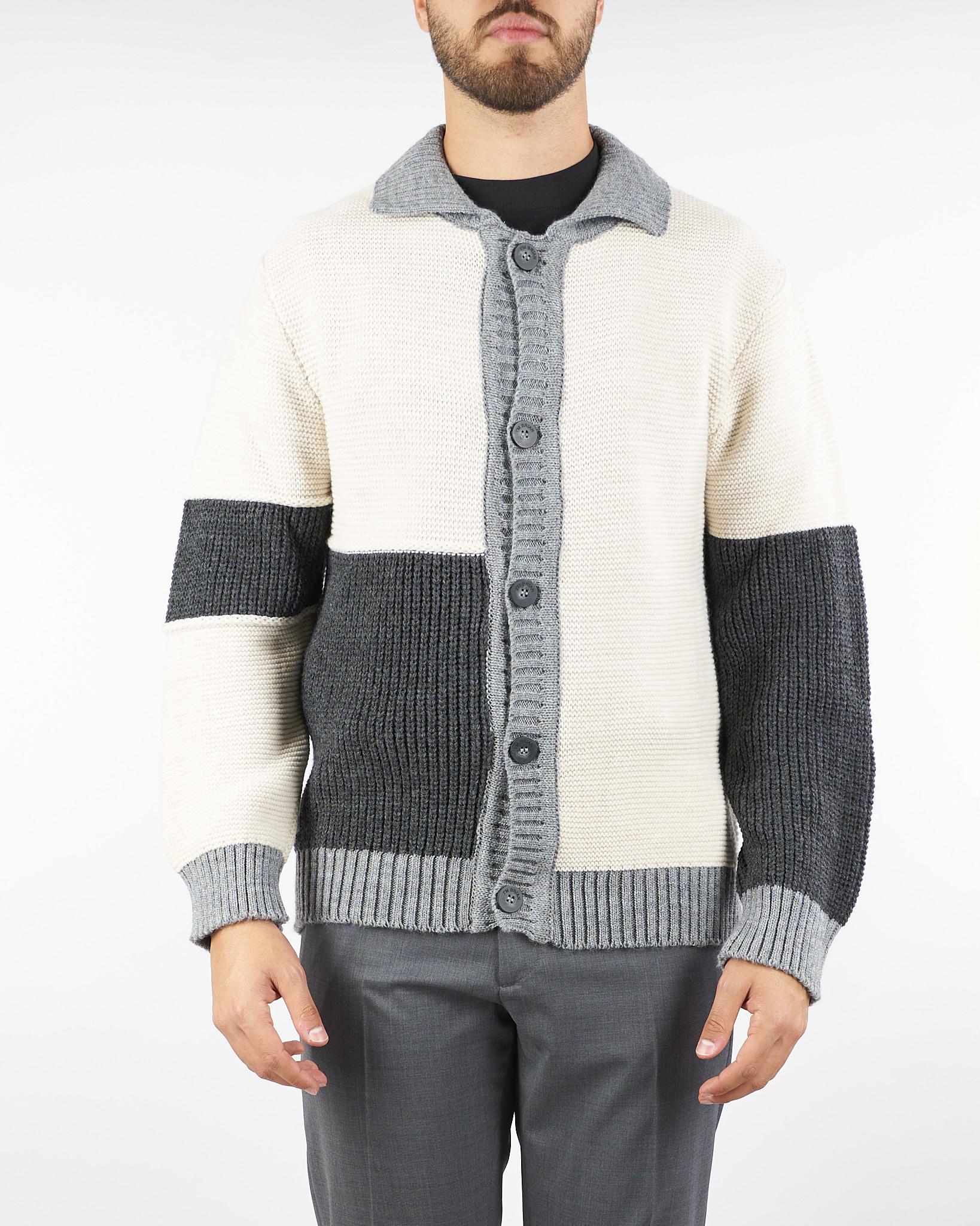 Cardigan Panna-Grigio in lana patchwork color block - immagine 2